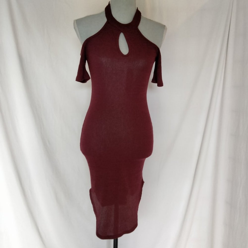 JANUARY 7 RUST HALTER COLD SHOUDER SHEATH BODYCON KNIT STRETCH SLIT MIDI DRESS S